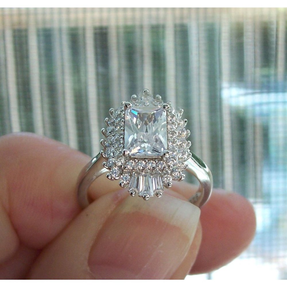 Antique Style Ring Radiant Cut CZ With Tapered Baguettes 925 Sterling Silver - Picture 7 of 16